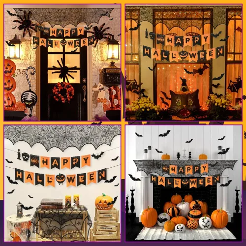 Vista 6 de Kit de decoración de Halloween para chimeneas interiores, mantos, decoración de telaraña, calcomanías de decoración de Halloween de murciélagos