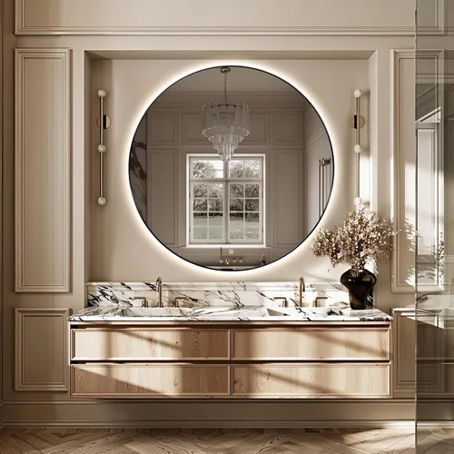 Vista 18 de Niccy Espejo redondo con retroiluminación LED de 24 pulgadas para baño, espejo de pared con marco negro, espejos circulares inteligentes LED con 3