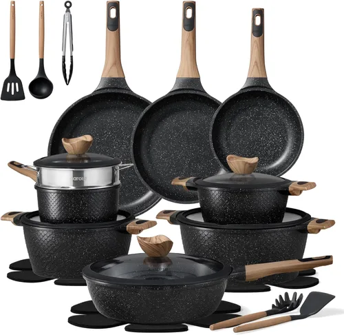 CAROTE Juego de 26 ollas y sartenes antiadherentes, juego de utensilios de cocina, ollas y sartenes de inducción, cocina antiadherente, sin PFOA,