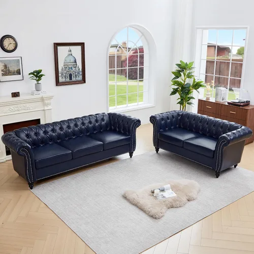 Vista 29 de QHITTY - Juego de 3 piezas para sala de estar, sofá seccional Chesterfield con silla contemporánea tapizada en cuero, sofás biplaza para sala