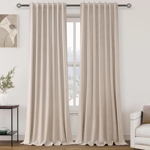 Vista 69 de Cortinas de lino verde aguamarina de 102 pulgadas de largo con pestaña trasera, bolsillo para barra, cortinas de lino opacas que absorben el sonido