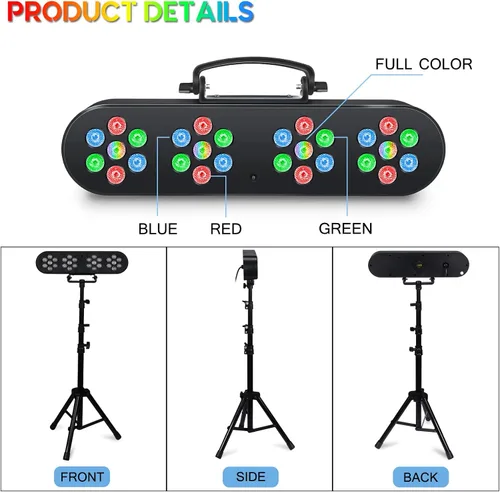 Vista 4 de Luces de DJ con soporte, luces de escenario Telbum con soporte, juego de luces LED par activadas por sonido, para cabina móvil, bar, boda, iglesia