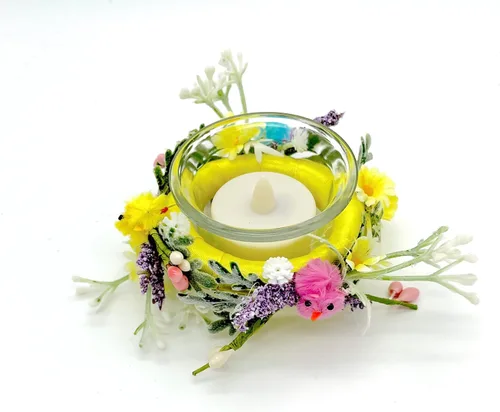 Easter Floral and Yellow, Pink and Blue Chicks Candle Holder for Easter and Spring Table Decorations on Glass Candle Holder Glass Base - Set of 2