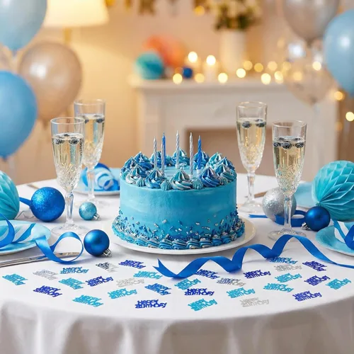 Vista 2 de Confeti de feliz cumpleaños, decoración de dispersión de mesa, suministros de fiesta azul y plateado