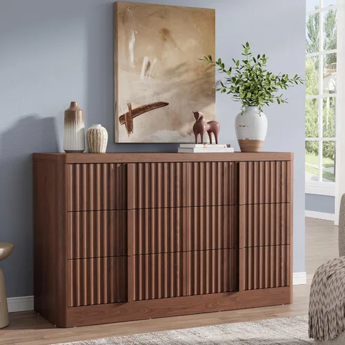 Vista 17 de Cómoda acanalada para dormitorio, cómoda de 6 cajones de 48 pulgadas de alto, cómoda moderna con mango de madera maciza, diseño de perfil curvo
