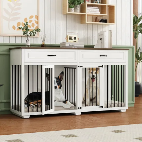 Vista 11 de Muebles para Perrera, 64.6 Pulgadas de Madera Resistente Jaula para Perros Grande Estilo Mueble con Cajones y Divisor, Casa para Perros
