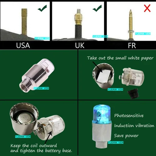 Vista 2 de Paquete de 4 luces LED para rueda de bicicleta, tapones para válvulas de neumáticos de automóvil, tapas de vástagos de bicicleta, motocicleta