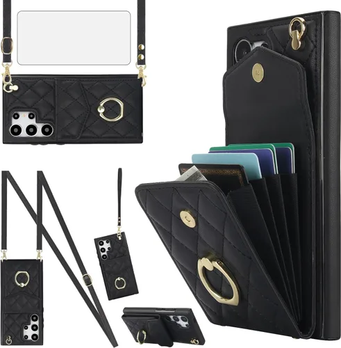 Asuwish Funda de teléfono para Samsung Galaxy S24 Ultra 5G Funda tipo cartera con protector de pantalla de vidrio templado y correa para la muñeca