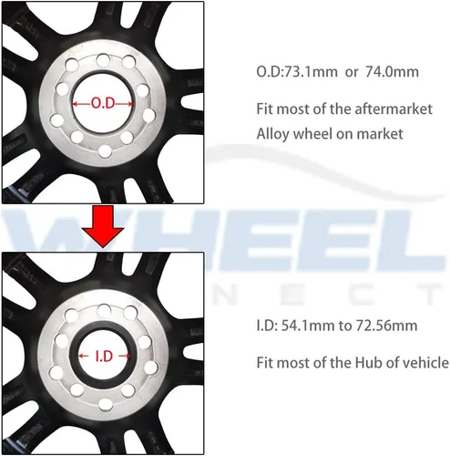 Vista 3 de WHEEL CONNECT Anillos centrales de buje, 73.1 a 54.1, juego de 4, abrazaderas de plástico ABS, diámetro exterior: 73.1-I.D:2.130 in. P