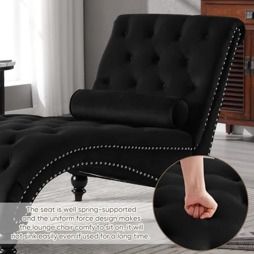 Vista 7 de Tumbona de terciopelo negro para interiores con almohada abatible, moderna tumbona rosa, sillas tapizadas de terciopelo sin brazos con botones