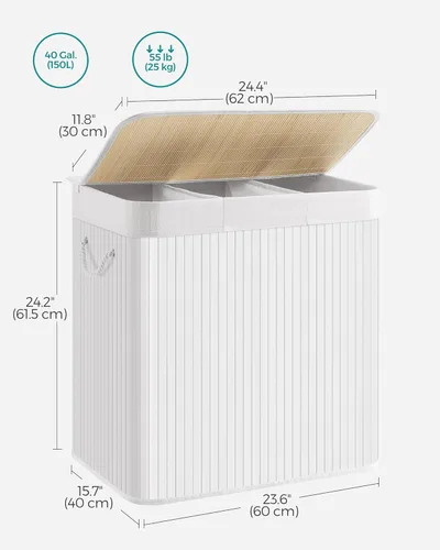 Vista 6 de SONGMICS Cesta para la ropa sucia, 39.6 galones (150L), cesta de lavandería de 3 secciones, cesta de lavandería con tapa, bambú, plegable, extraíble
