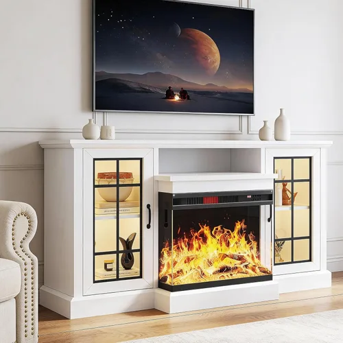 Vista 11 de Soporte de TV con Chimenea de 59'', Centro de Entretenimiento de Medios con Vidrio de 3 Lados, Mesa Consola para TVs hasta 65'' con Puerta