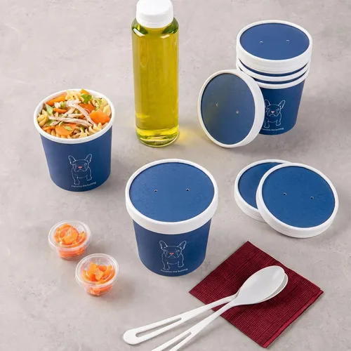 Vista 4 de Restaurantware Bio Tek - Tapas para sopa de papel azul, 200 desechables, 12 onzas, redondas, estilo moderno, herméticas, se venden por separado Azul