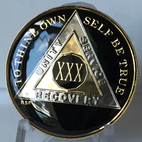 Vista 6 de 30 año clásico negro AA alcohólicos anónimos Medallón chip Tri placa chapada en oro & Níquel Serenidad Oración