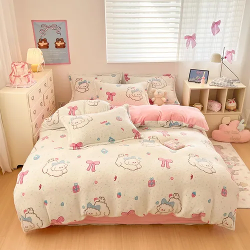 Vista 9 de Juego de ropa de cama individual, lindo juego de funda de edredón rosa con diseño de conejito, fundas de edredón Kawaii de crema esponjosa ultra