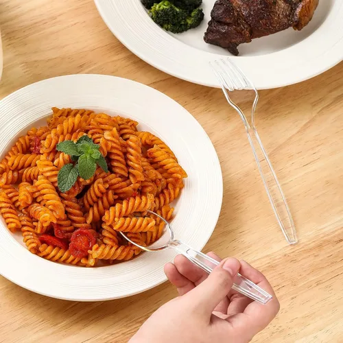 Vista 3 de Juego de 400 tenedores y cucharas de plástico transparente a granel, cucharas y tenedores desechables resistentes, cubiertos de plástico para fiestas