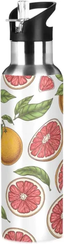 BPA-Free Sports Water Bottle with Straw 20 Oz, Insulated Stainless Steel Water Bottle with Straw for Gym Outdoor Travel School, Grapefruit Fruits