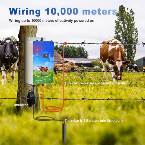 Vista 3 de Cargador eléctrico para valla de 6 millas, 8-12 KV 2 julios de salida de alta potencia, pantalla LED, valla eléctrica eléctrica múltiple de CA CC
