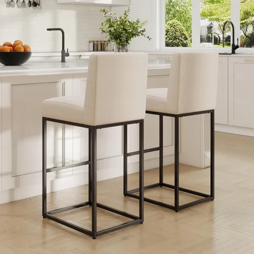 Vista 11 de BESTANO Taburete de bar de lino crema, taburetes modernos de altura de mostrador de 27 pulgadas con respaldo, marcos de metal negro, taburetes
