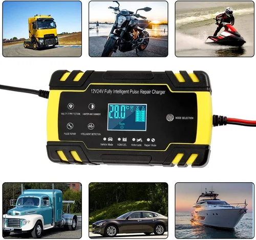 Vista 7 de Cargador de batería inteligente automático para coche 12V/24V Cargador de reparación de pulso con pantalla LCD Modo inteligente de protección
