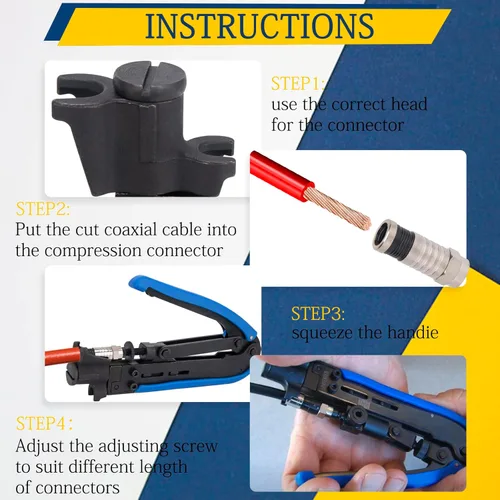 Vista 4 de Kit de crimpadora de cable coaxial RG6, herramienta de compresión coaxial ajustable RG6 RG59 RG11 75-5 75-7, pelacables coaxiales, kit de crimpadora