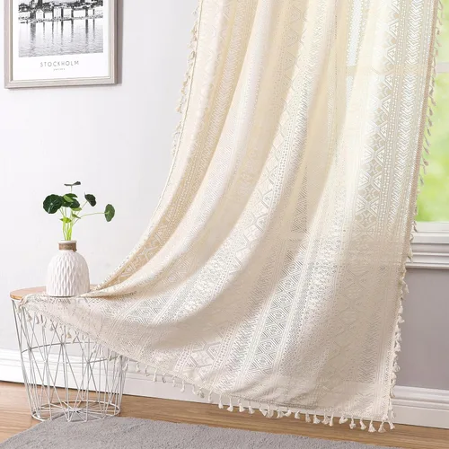 Vista 8 de Cortinas de Encaje Transparente con Borlas de Lino Texturizado Bohemio Negro, Elegantes Cortinas de Ventana con Bolsillo para Varilla de Geometría