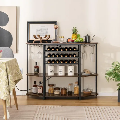 Vista 7 de COSTWAY Armario para bar de vinos, gabinete de licor de 3 niveles con tomas de corriente, estantes para botellas de vino, soportes de vidrio, Marrón