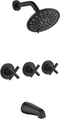 gotonovo Juego de llave de bañera y ducha de 3 asas, combinación de llave de bañera y ducha, juego de llave de bañera con cabezal de ducha de 6 Negro