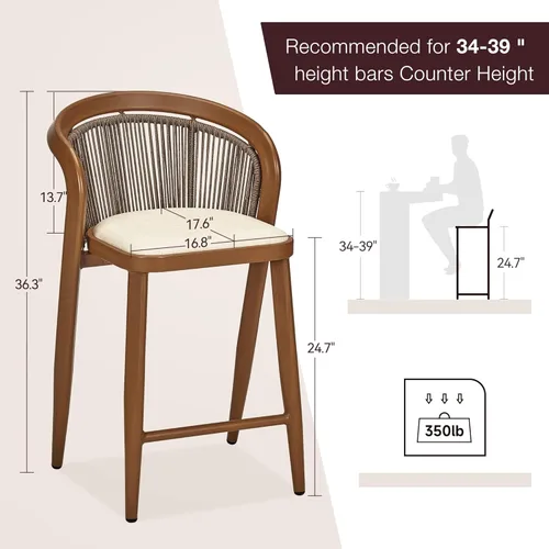 Vista 3 de IDEALHOUSE Juego de 2 taburetes de bar altos para mostrador, modernos taburetes de bar de ratán con respaldo bajo y reposapiés, cojín de asiento