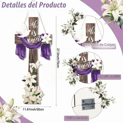 Vista 2 de Menkxi Letrero grande de Pascua con texto en inglés «He Is Risen» para puerta de entrada, decoración de puerta de Pascua para casa de campo