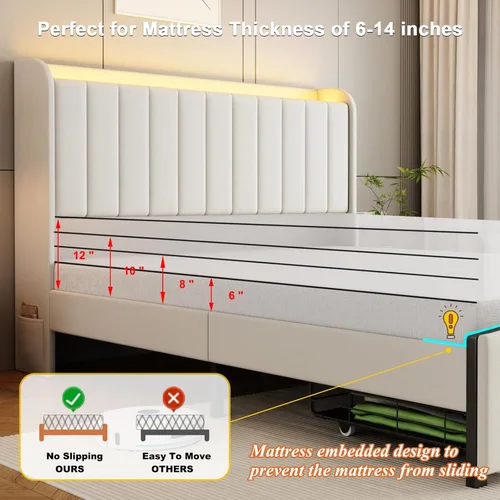 Vista 7 de Base de cama tamaño queen con cabecera de almacenamiento y 2 cajones, base de cama tapizada con luces LED y práctica estación de carga, no necesita