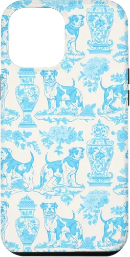 Vista 25 de iPhone 16 Chinoiserie Dog Toile Preppy Grandmillennial Aqua Cream Case