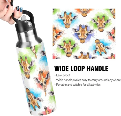 Vista 4 de Watercolor Giraffe Stainless Steel Water Bottle 20 Oz Leakproof Water Bottles, BPA-Free Sport Water Bottle
