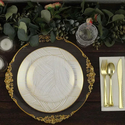 Vista 21 de Efavormart - Paquete de 10 platos de postre de plástico con pincel, color blanco y azul, platos desechables redondos para ensalada, 7 pulgadas
