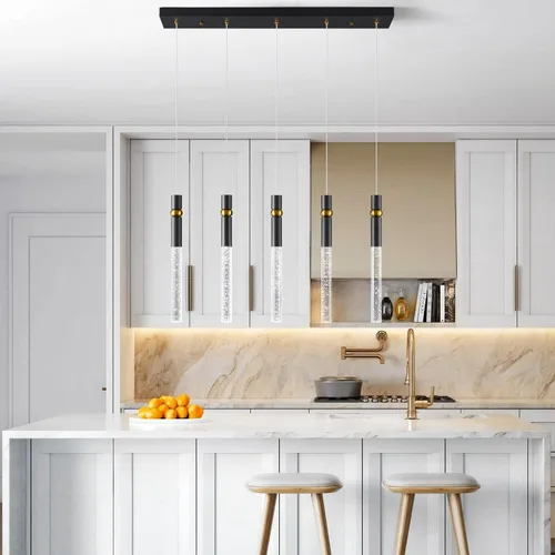 Vista 6 de LMQNINE Lámpara colgante de 5 lámparas de comedor regulables LED moderna de isla de cocina negra con cristal de burbujas para cocina, isla