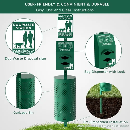 Vista 2 de POCHAR Estación de eliminación de desechos de perros de aluminio inoxidable para parques de mascotas, estación de 10 galones para excrementos