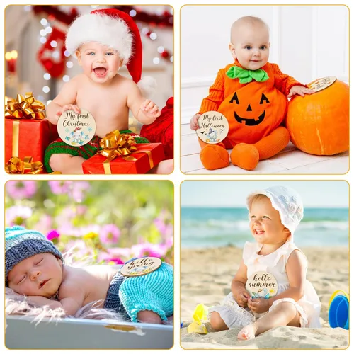 Vista 6 de Tiamon 16 tarjetas mensuales de madera para bebé, discos de marcador de hitos mensuales, círculos de madera de doble cara, letreros de meses