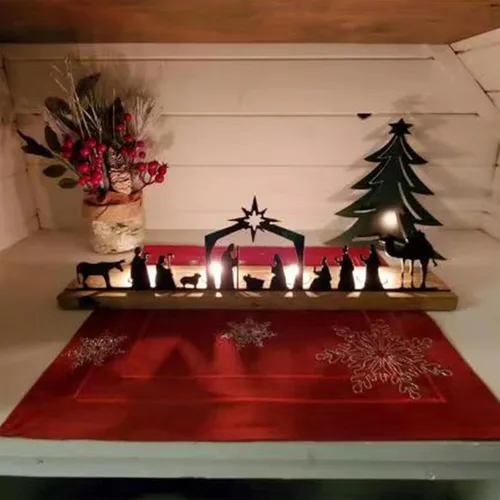Vista 5 de Belén de Navidad para interiores, juego de pesebre de metal negro con base de madera, decoración rústica moderna para Navidad, hogar, habitación