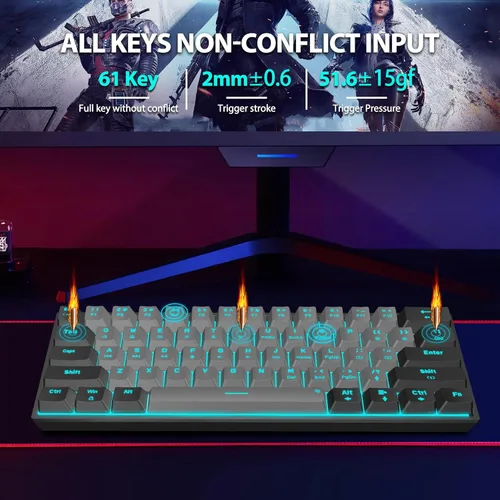 Vista 5 de Snpurdiri Teclado mecánico para juegos con cable al 60%, retroiluminación LED azul hielo de 61 teclas, mini teclado de oficina con cable