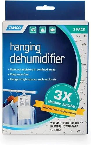 Camco 44286 Deshumidificador colgante sin fragancia - Gancho práctico que absorbe hasta 3 veces su peso en agua, reduce la humedad en armarios y