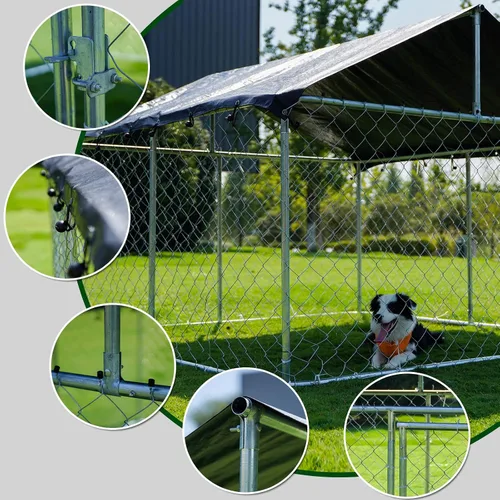 Vista 7 de Petony Perrera para perros al aire libre, valla ideal para perros medianos y pequeños, jaula de revestimiento antioxidante con techo, resistente a