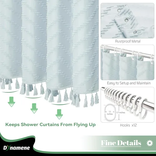 Vista 173 de Dynamene - Cortina de ducha de tela bohemia con rayas con chebrón en relieve, juego de cortina angosta para baño, media cortina impermeable