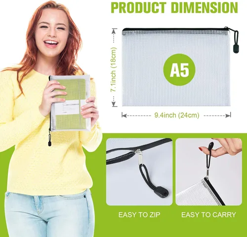 Vista 4 de Tamaño A5/B5, bolsas de malla de plástico con cremallera, carpetas de archivos de documentos resistentes al desgarro, bolsa organizadora