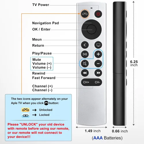 Vista 7 de Repuesto para Apple TV Remoto, Control Remoto para Apple TV 4K/HD (sin voz y Siri)