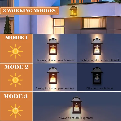 Vista 2 de Nodfens Faroles solares de pared para exteriores con 3 modos, sensor de movimiento inalámbrico del anochecer al amanecer, luces LED IP65