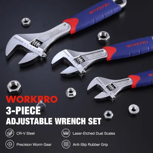 Vista 2 de WORKPRO Juego de llaves ajustables CR-V de 3 piezas con agarres antideslizantes de goma de 6 pulgadas, 8 pulgadas, 10 pulgadas
