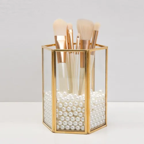 Vista 7 de Glass Makeup Brush Holder Organizer with Desktop Storage Cup for Vanity, Cosmetic Brush Organizer with Pearls Gold Brass Accent, Suitable for Makeup