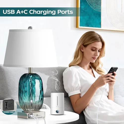 Vista 3 de Juego de 2 lámparas de mesa con control táctil, lámpara de noche de cristal verde azulado costero con puertos USB A+C, lámparas de mesa de noche