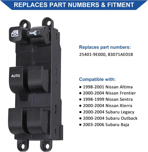 Vista 2 de Interruptor de elevalunas eléctrico delantero izquierdo del lado del conductor, compatible con Nissan Altima 98-01, Frontier 1998-2004, 98-99