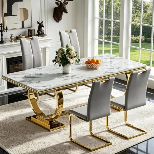 Vista 13 de 5 Piece Black Marble Dining Table Set for 4, Modern Faux Marble Kitchen Dining Room Tables with 4 Leather Chairs Set, 68.11" Luxury Rectangular